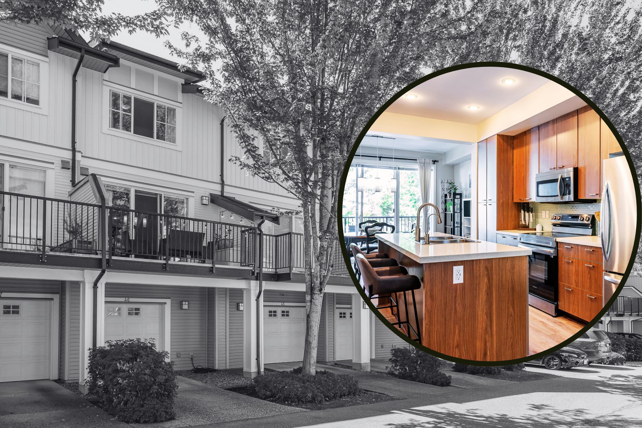 Townhouse exterior with balconies and garages, paired with a bright modern kitchen and large wood-sided island.