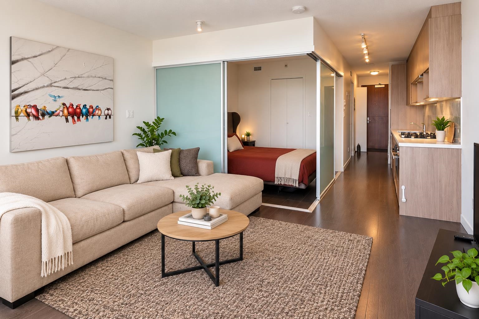 Open-plan studio with a beige sectional, sliding glass bedroom partition, and compact wood-finish kitchen.