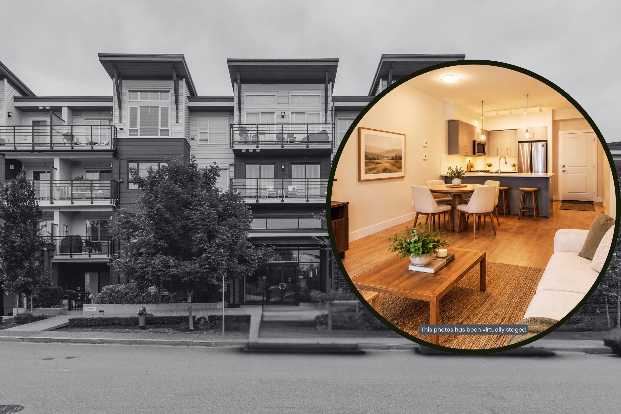 Residential building exterior with a circular inset showing a virtually staged open-plan living and kitchen area.