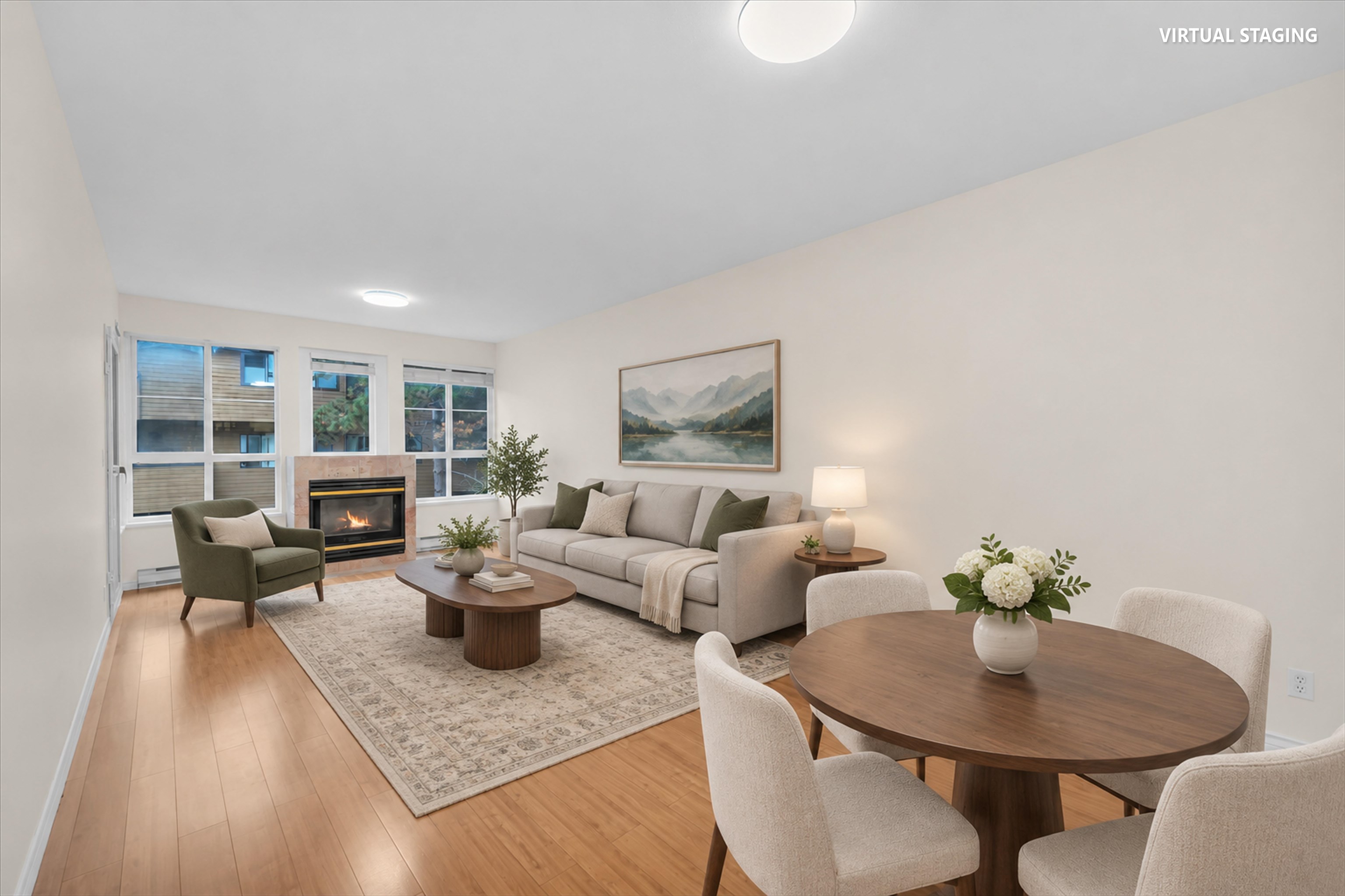 Virtually staged living and dining room with a fireplace, large windows, and a round dining table.