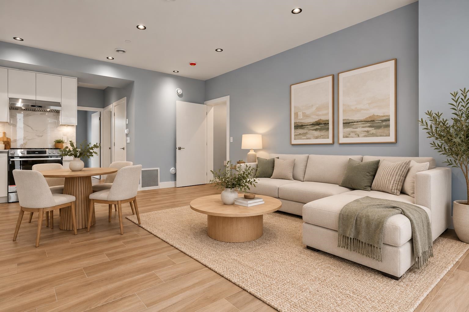 Staged open-plan living room with a light sectional, round coffee table, dining area, and kitchen.