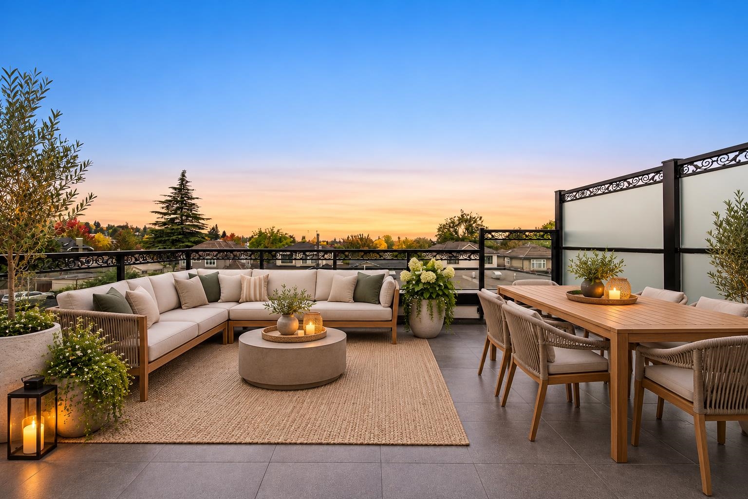 Rooftop terrace with sectional seating and an outdoor dining area overlooking neighborhood homes at sunset.