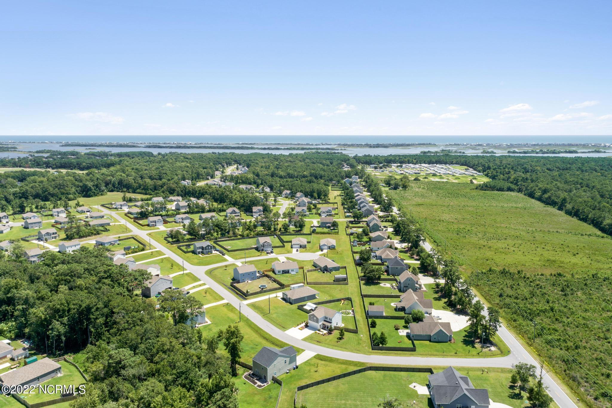 Aerial view of a coastal neighborhood, with homes and wooded areas between the community and the ocean.