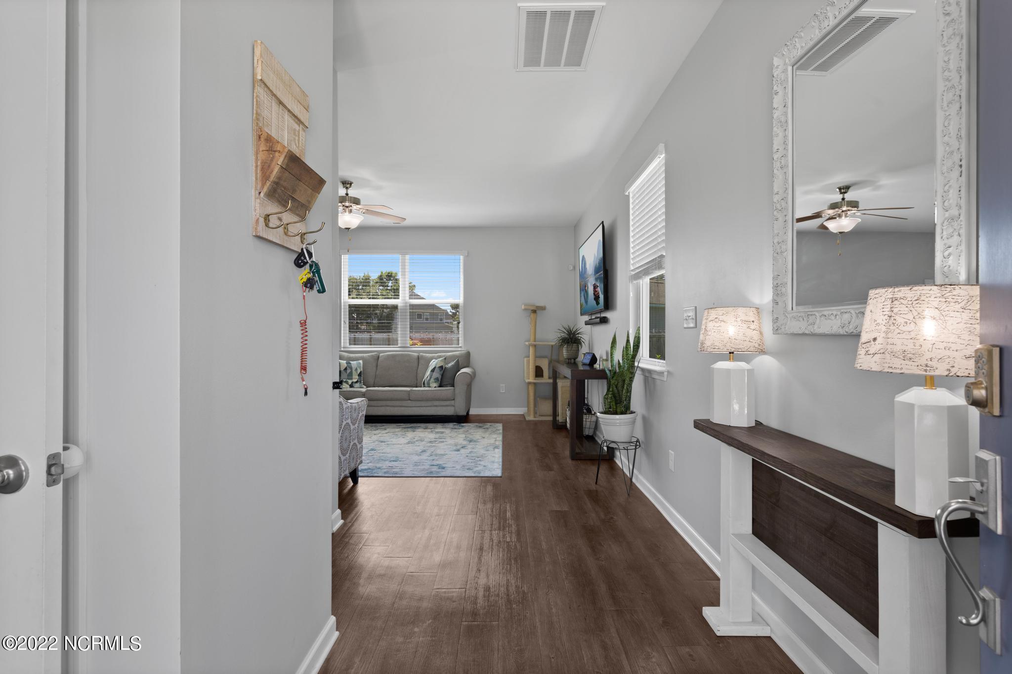 Living room with a gray sofa, pale blue rug, and wood-look flooring, viewed from the entry.