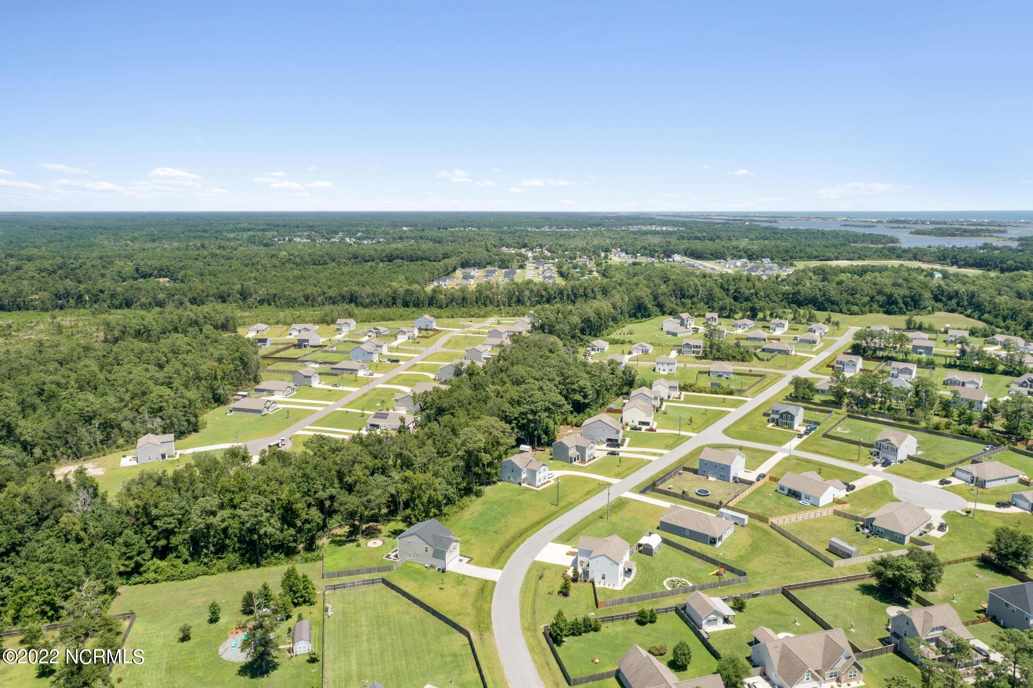 Aerial view of homes and winding streets bordered by woodland, with water visible in the distance.