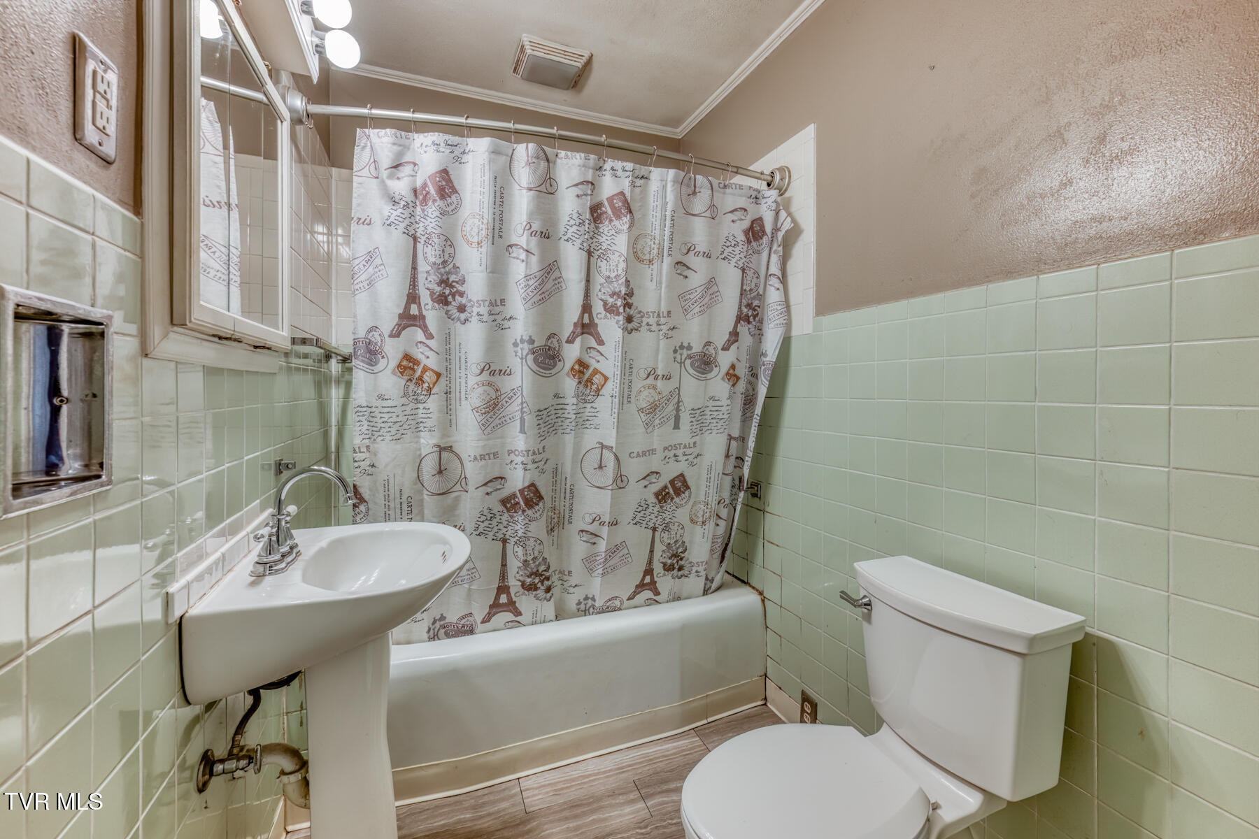 Bathroom with a pedestal sink, tub, and Paris-print shower curtain.