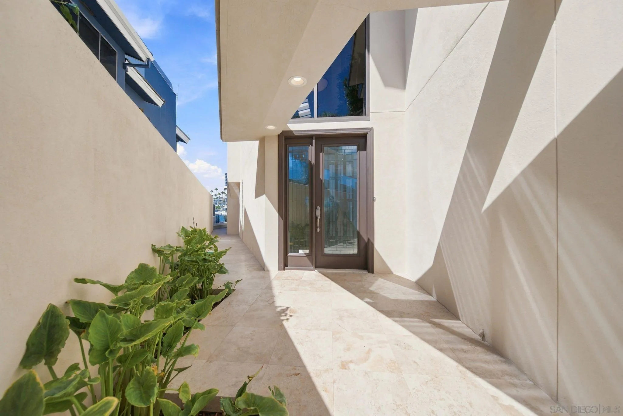 Modern home entrance with glazed double doors, a stone walkway, tropical plants, and angular sunlight.