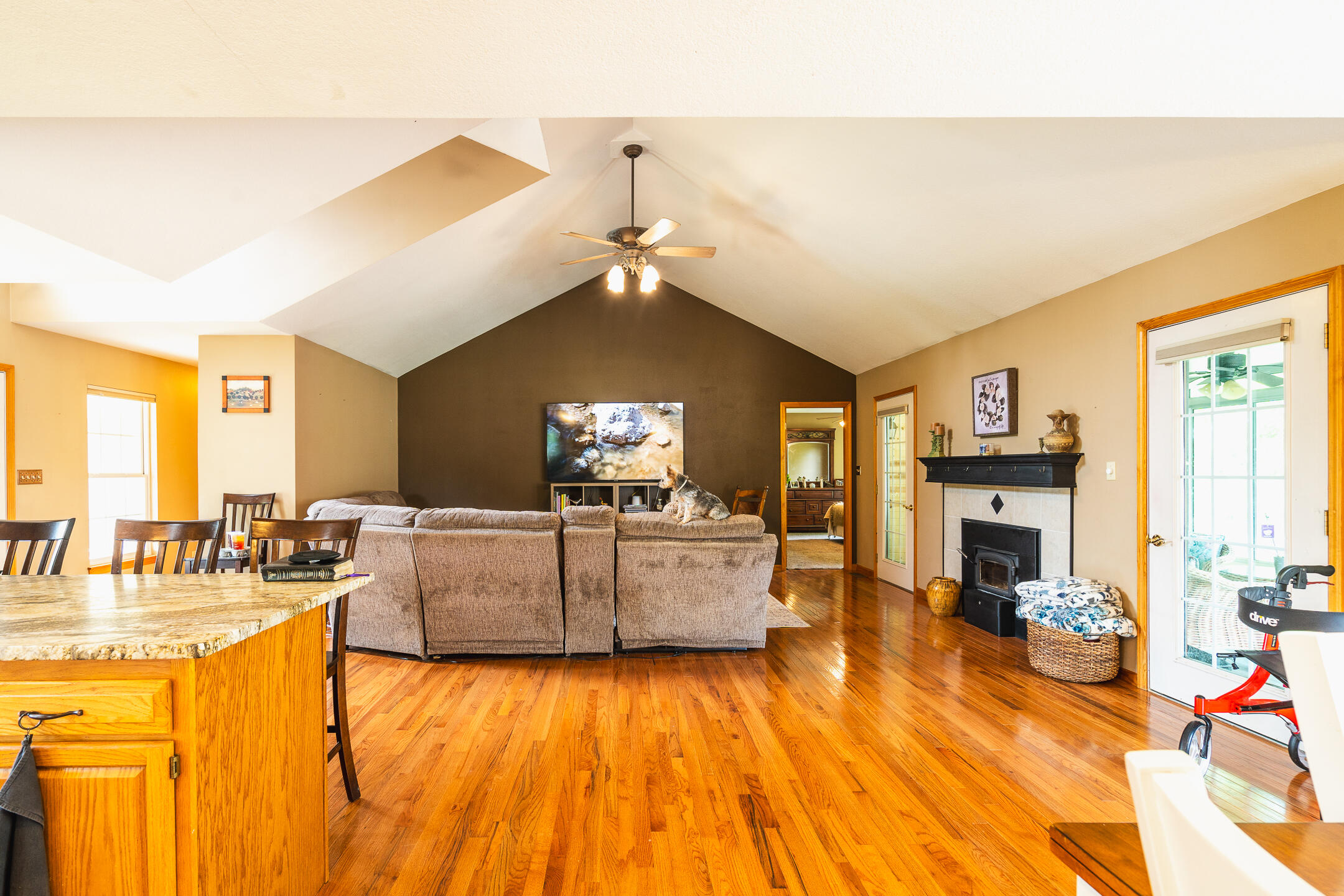 Open-plan living room with vaulted ceiling, hardwood floors, fireplace, and a dog on the sofa.