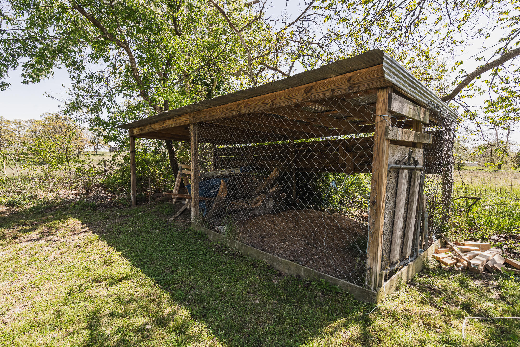 Wooden chain-link enclosure with a corrugated metal roof in a grassy, tree-shaded yard.