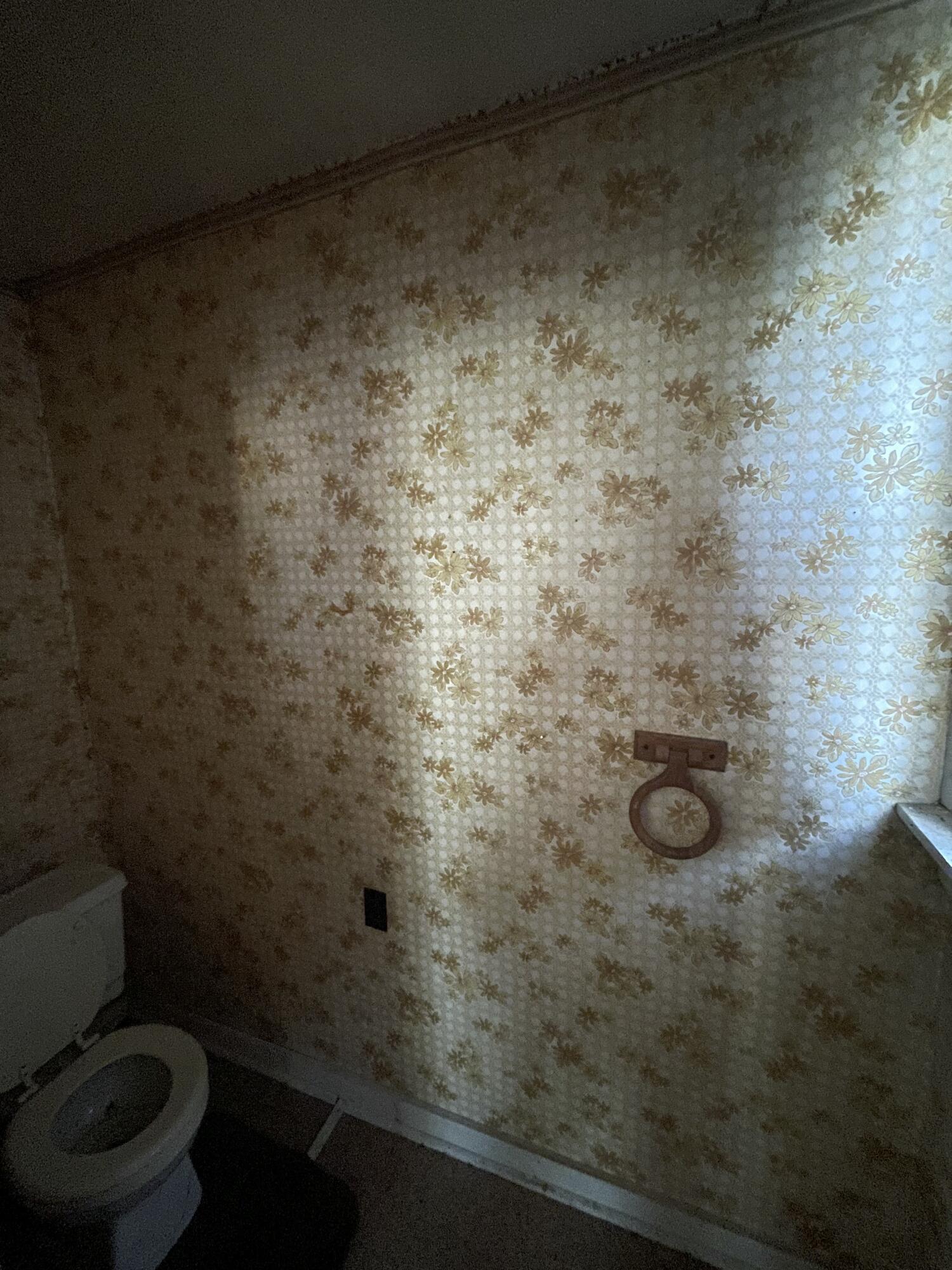 Bathroom with faded floral wallpaper, a toilet, and a towel ring.