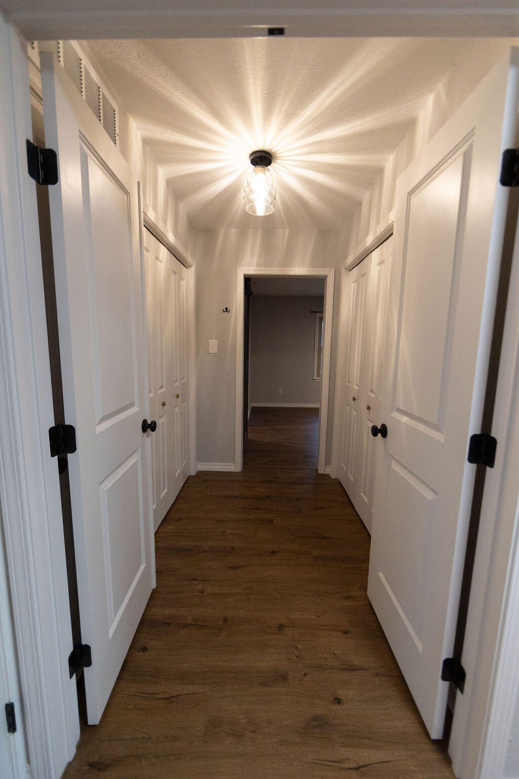 Hallway with dark wood flooring, white paneled doors, and a bright ceiling light.