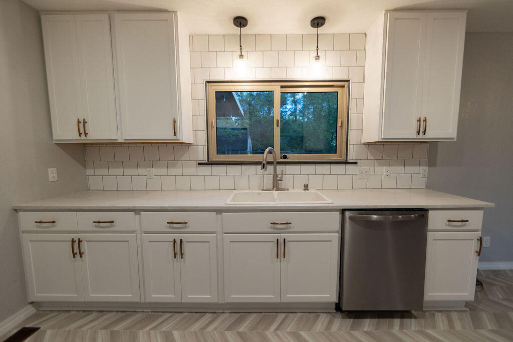 Kitchen with white shaker cabinets, a wide window above the sink, and a stainless steel dishwasher.