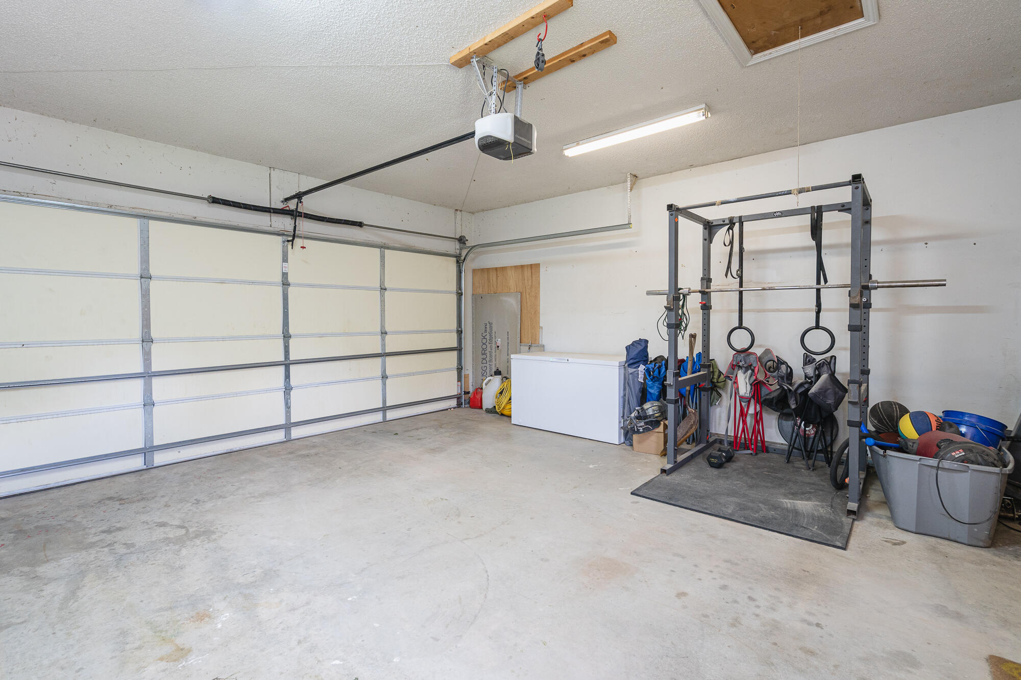 Garage with a power rack, gym rings, exercise equipment, and chest freezer.