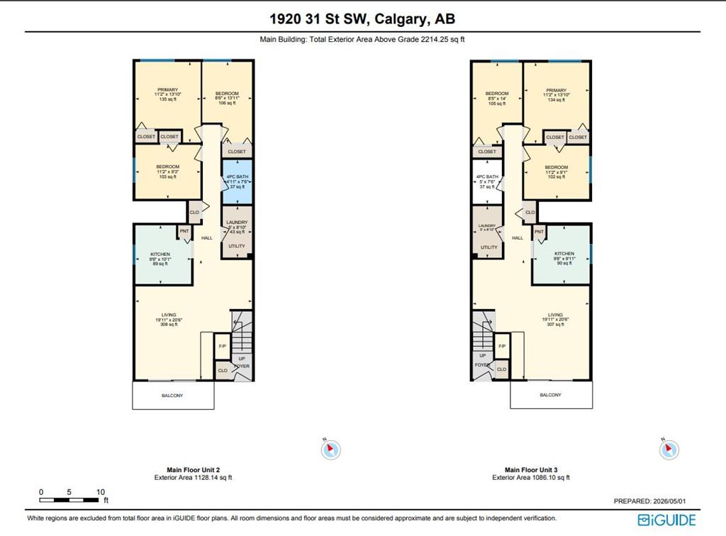 Floor plans for Main Floor Units 2 and 3, showing mirrored layouts with bedrooms, kitchens, living rooms, and balconies.