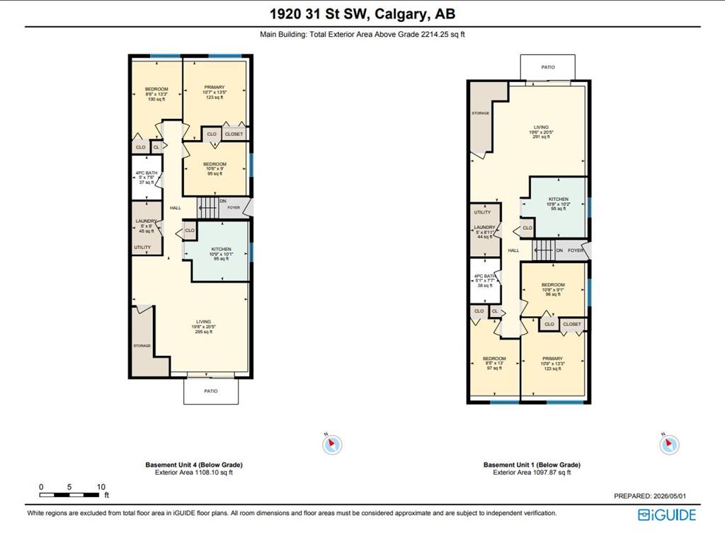 Floor plan of two basement units at 1920 31 Street SW, with room layouts and exterior area figures.