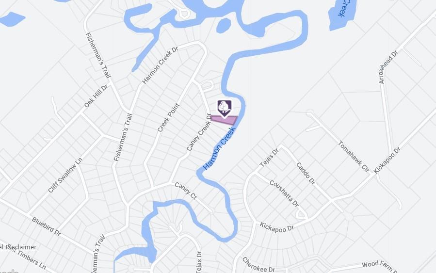 Street map with a property marker beside Hammon Creek, near Caney Creek Drive.