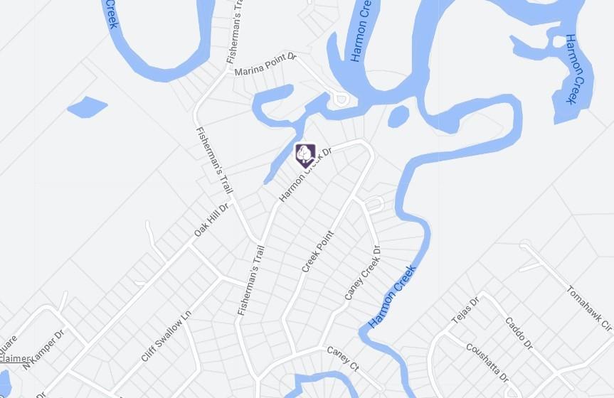 Street map marking Harmon Creek Drive beside Harmon Creek.