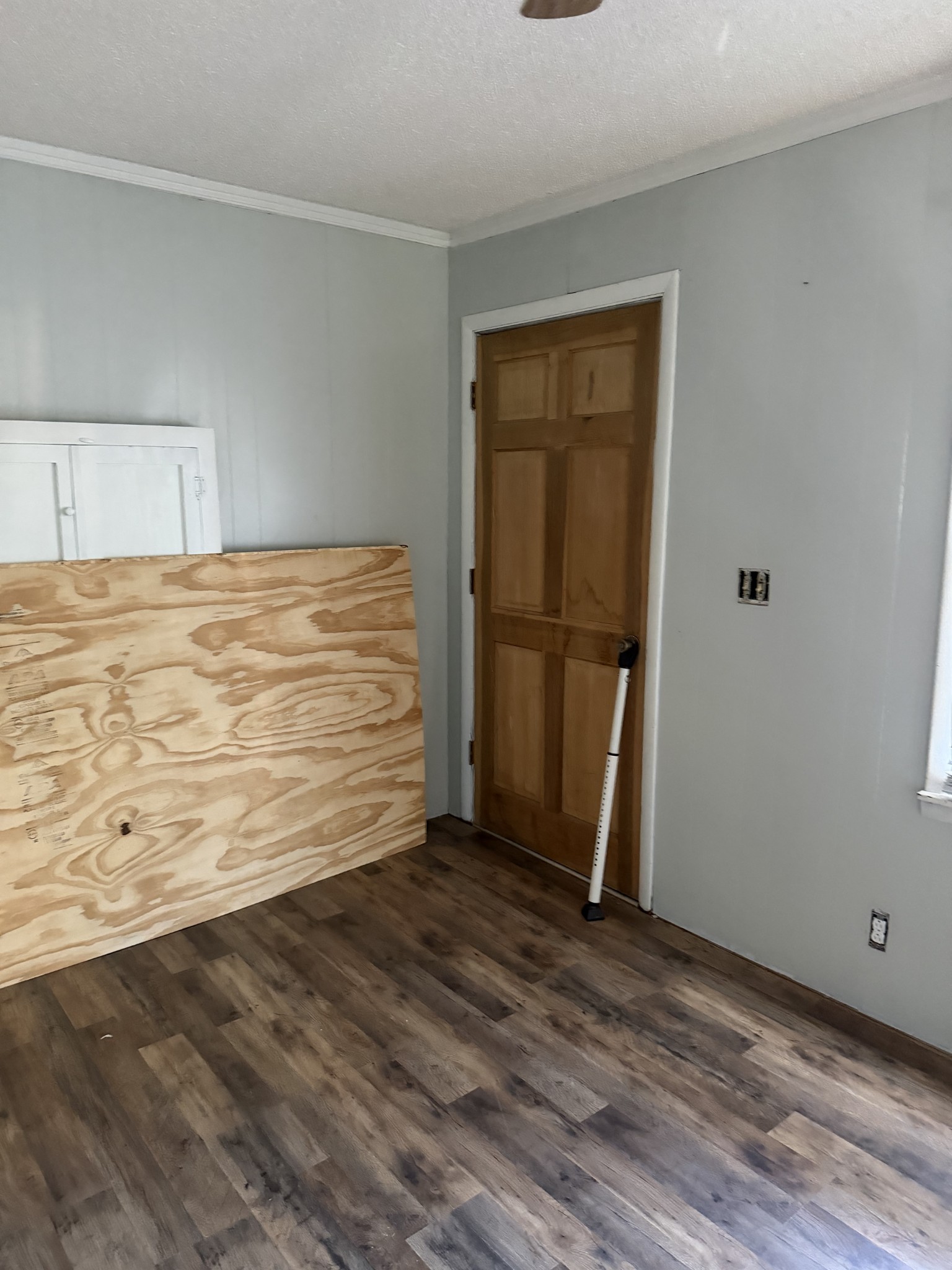 Room with dark wood-look flooring, a wooden door, and plywood leaning against a cabinet.