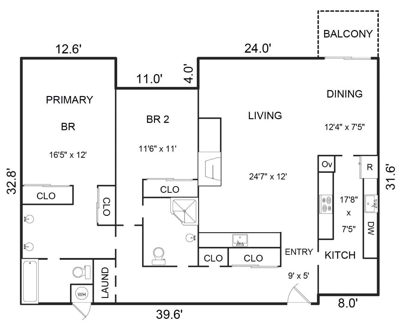 Floor plan showing two bedrooms, living and dining areas, kitchen, bathrooms, laundry, and a balcony.