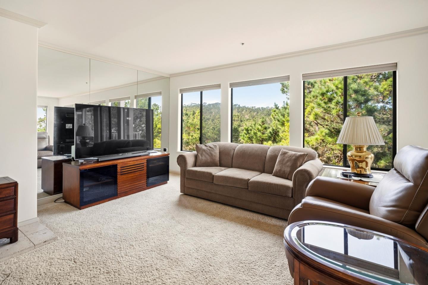 Living room with brown sofas, a mirrored wall, and windows overlooking wooded hills.