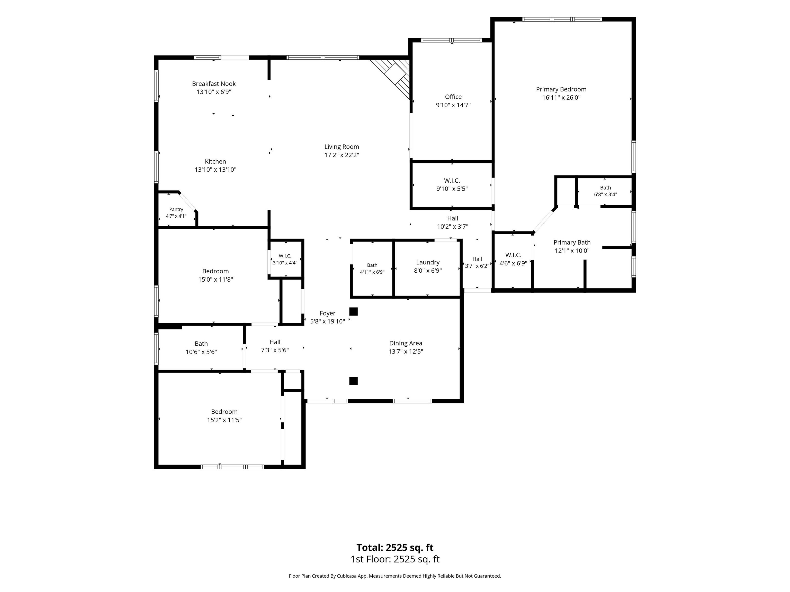 Floor plan showing three bedrooms, an office, open living and dining areas, and room dimensions.