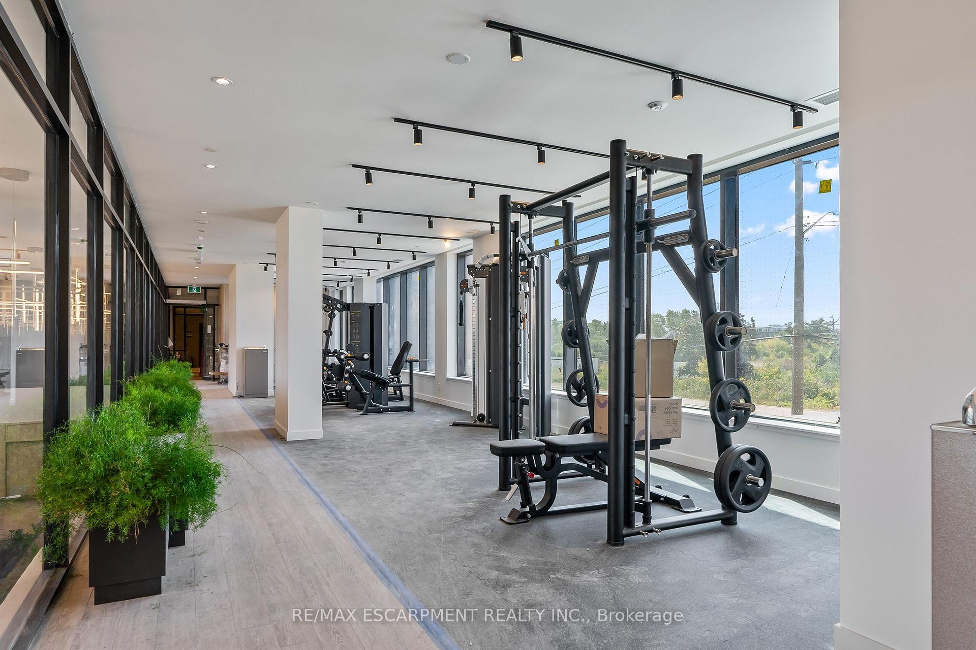 Fitness room with strength-training equipment, large windows, and potted greenery.