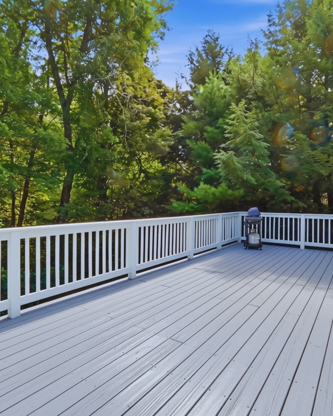 Spacious gray deck with white railings overlooking dense green trees, with a grill at the far corner.