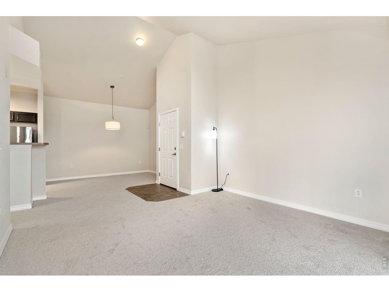 Empty carpeted living area opening to a dining space, with a high ceiling and entry door.