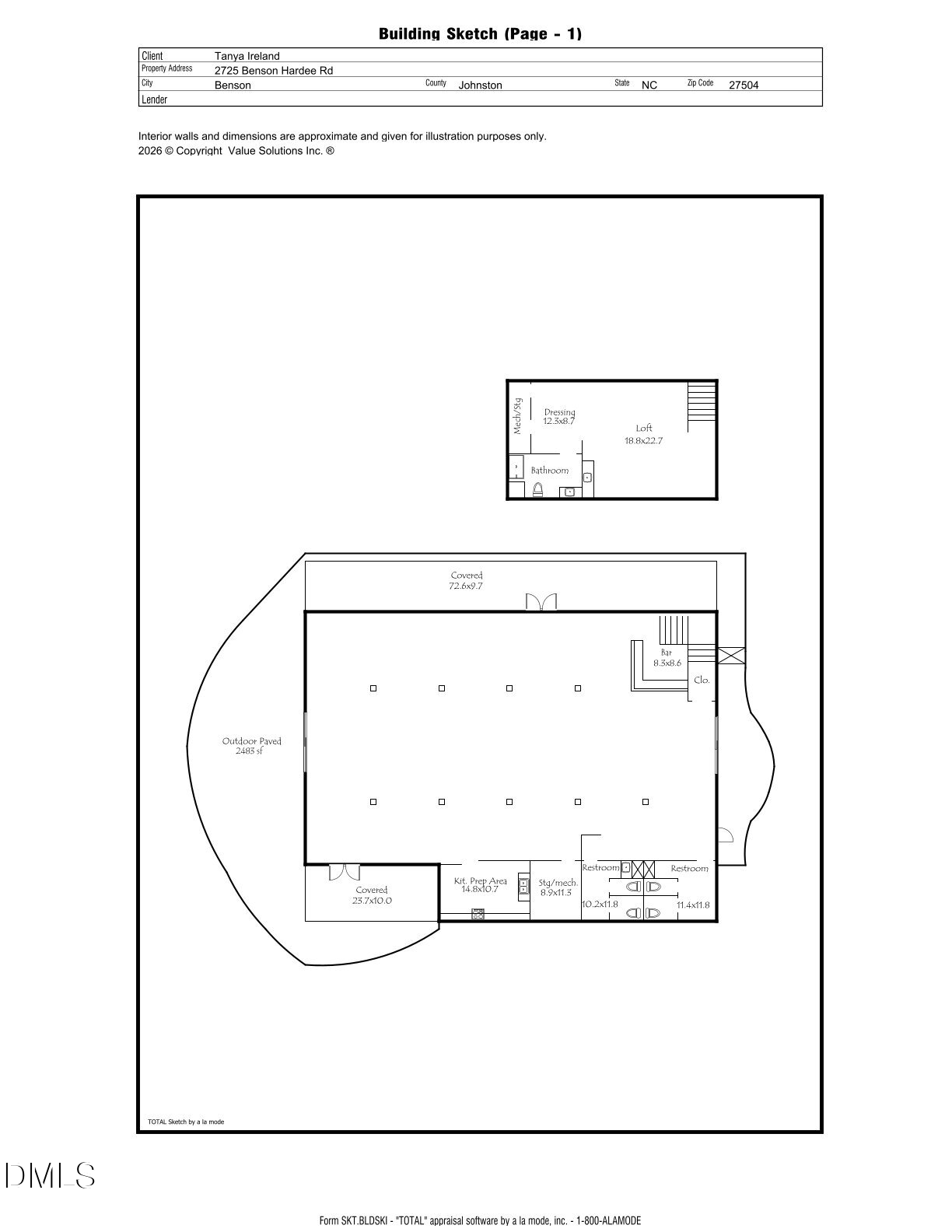 Building sketch showing an open main-level space, bar, two restrooms, covered areas, outdoor paving and an upper loft.