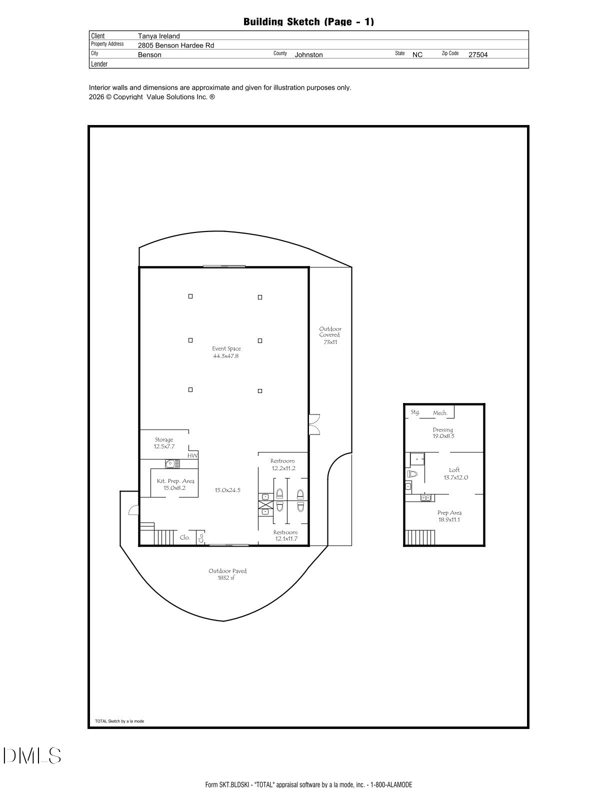 Property floor plan showing an event space, covered outdoor area, paved area, and separate loft building.