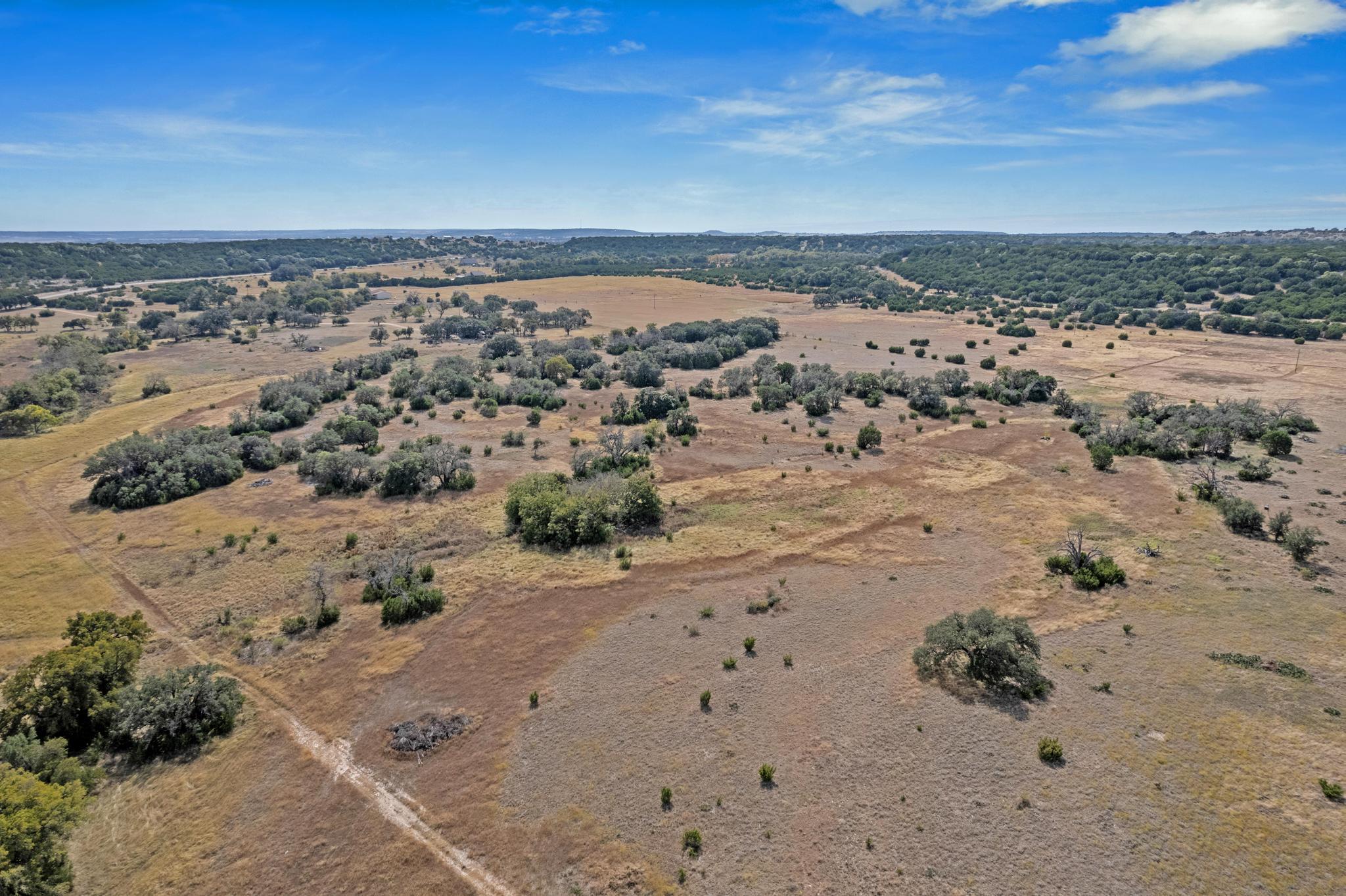 Aerial view of dry ranchland with scattered oak trees, open grassland, and faint dirt tracks.