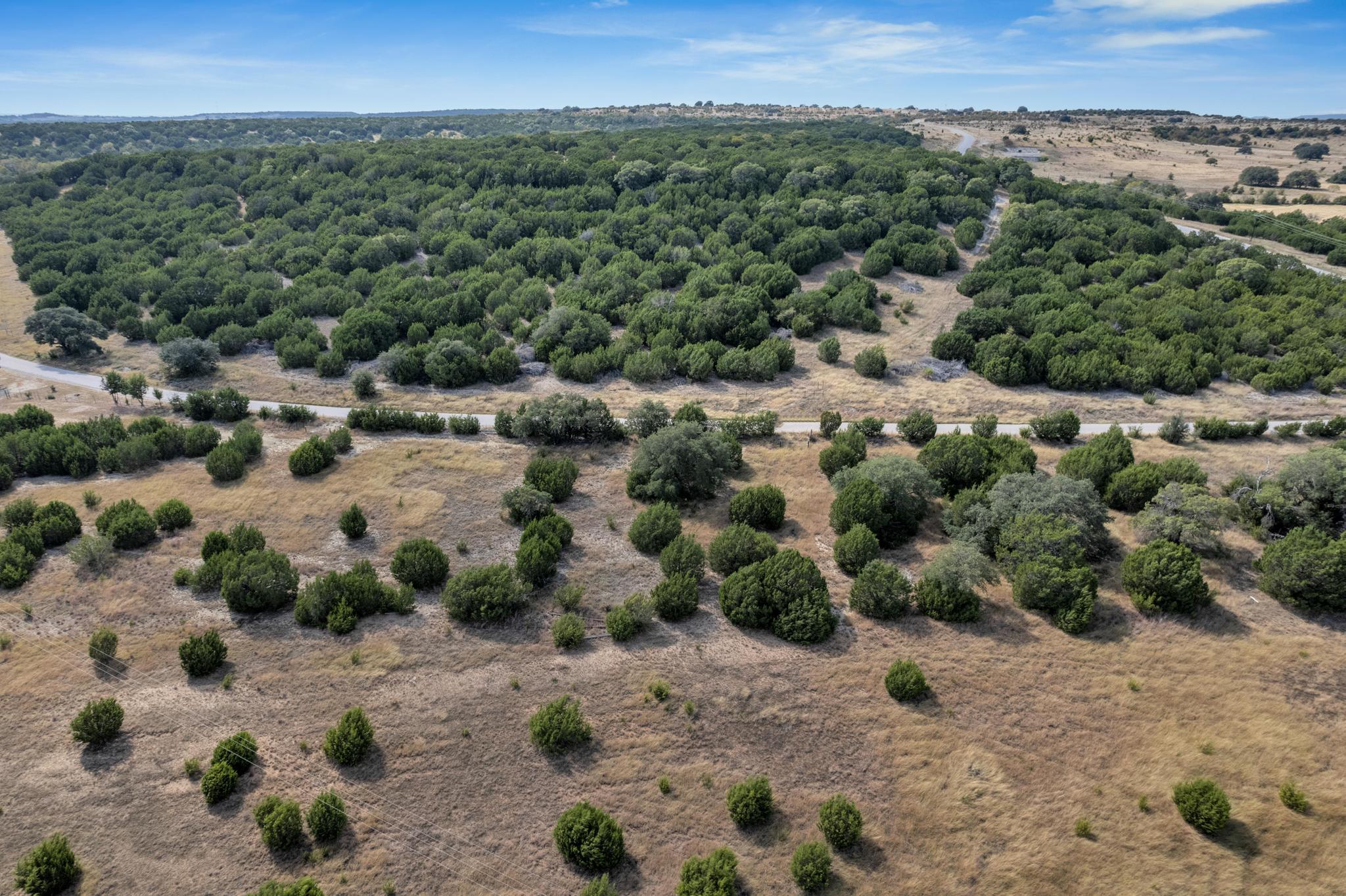 Aerial view of dry, shrub-covered acreage beside dense woodland and a narrow road.