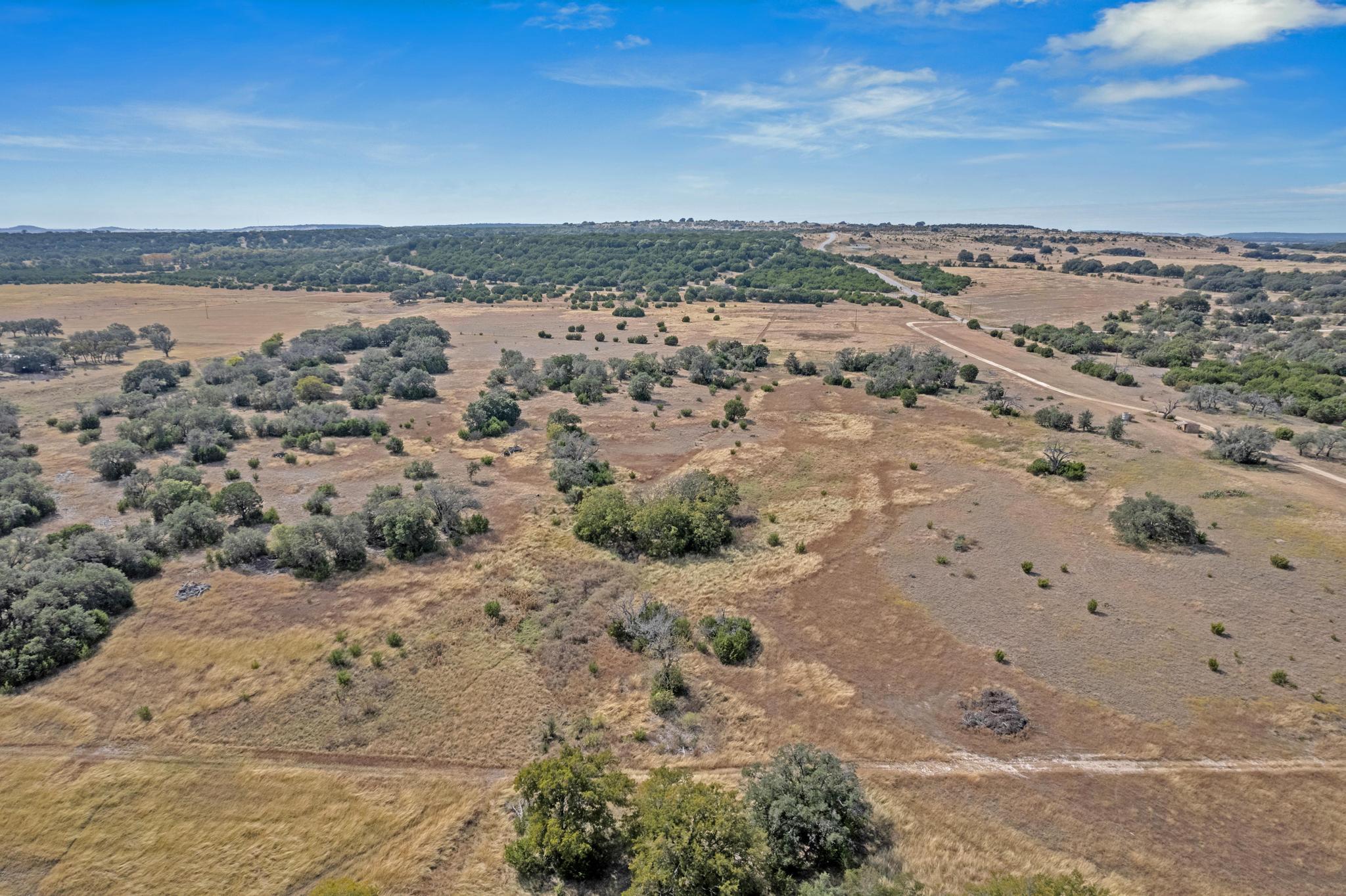 Aerial view of dry rural land with scattered trees and an unpaved road winding toward wooded hills.
