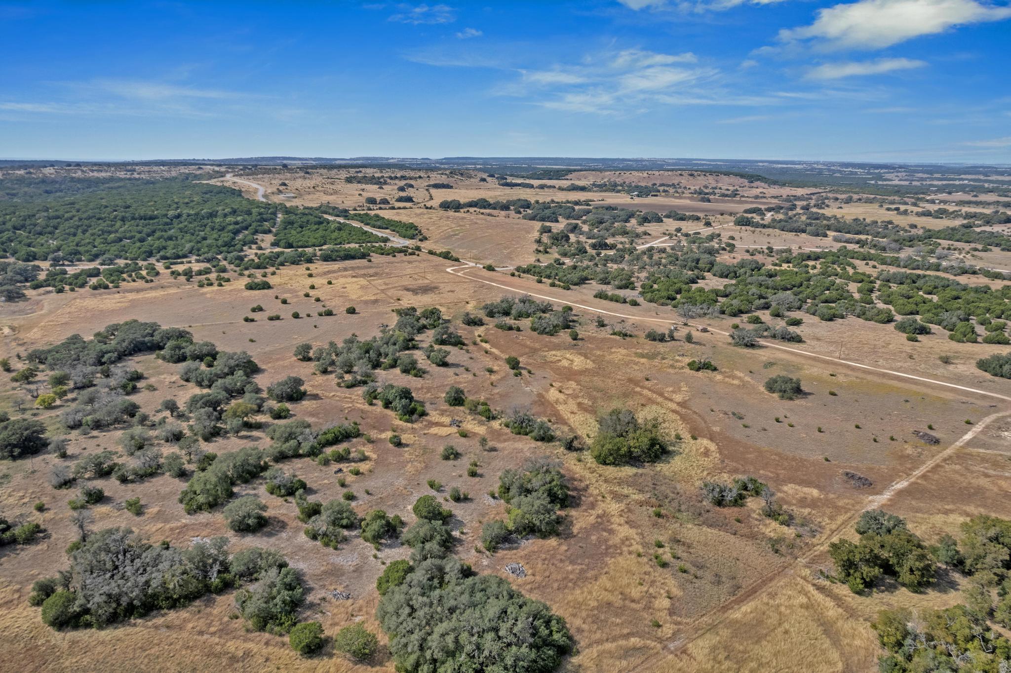 Aerial view of open ranchland with scattered trees and winding dirt roads.