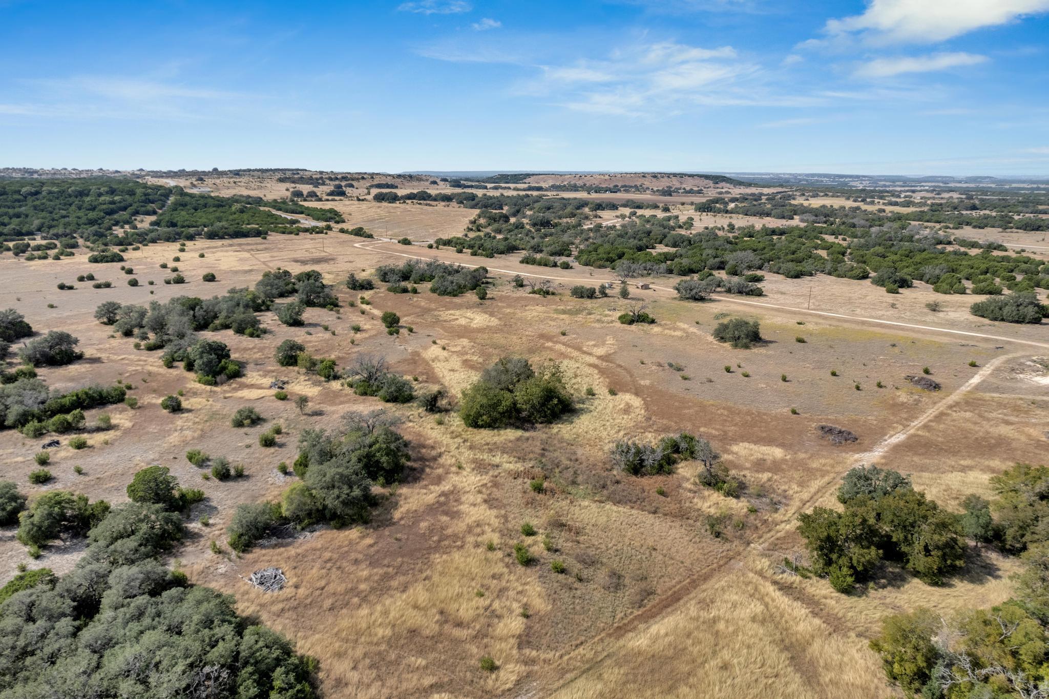 Aerial view of dry rural land with scattered trees, brush, and dirt tracks.