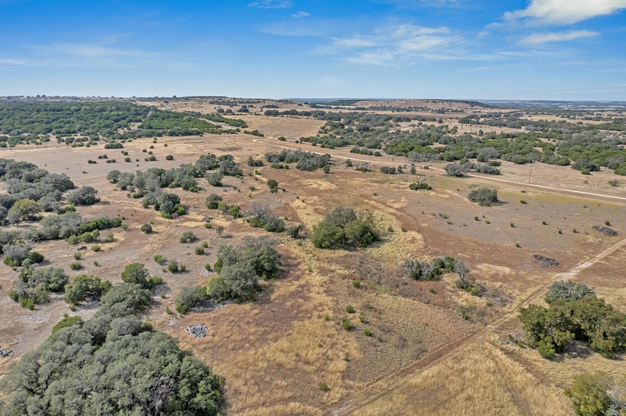 Aerial view of dry rural land with scattered trees and a winding dirt road.