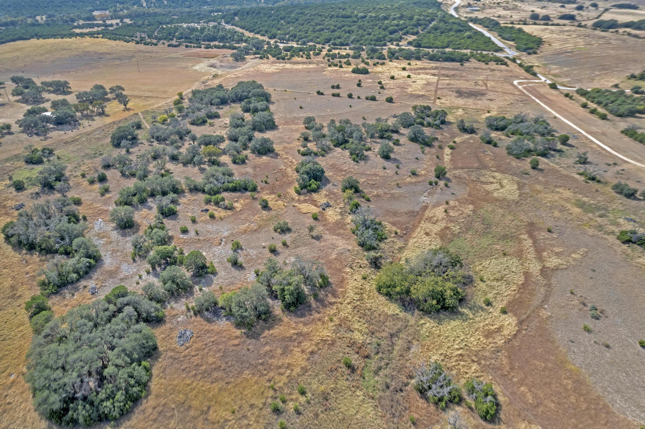 Aerial view of dry rural land dotted with trees and shrubs, with an access road along the right side.
