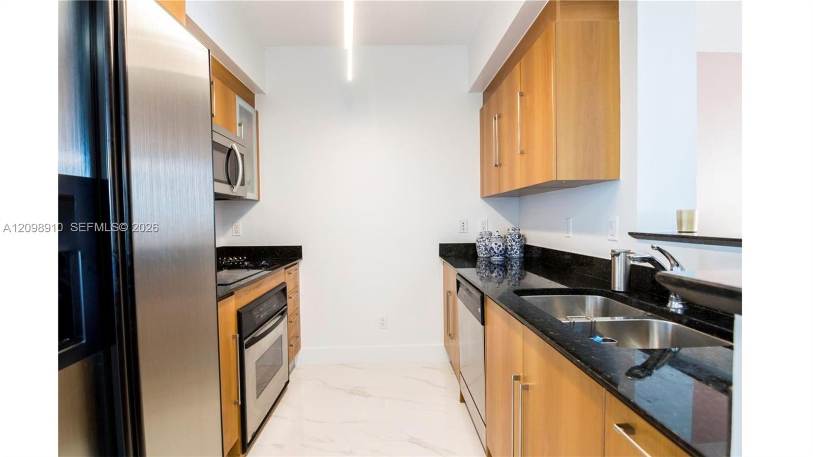Modern galley kitchen with light wood cabinets, black countertops, stainless appliances, and a double-basin sink.