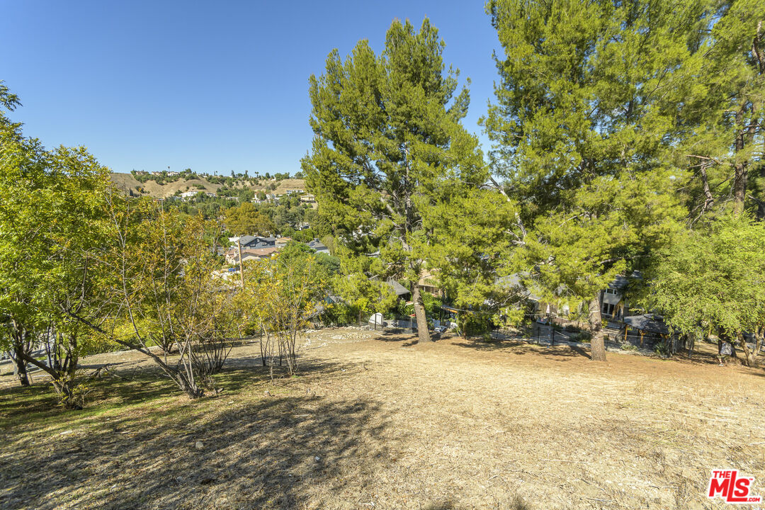 Sloping backyard with mature trees, neighboring homes, and rolling hills in the distance.