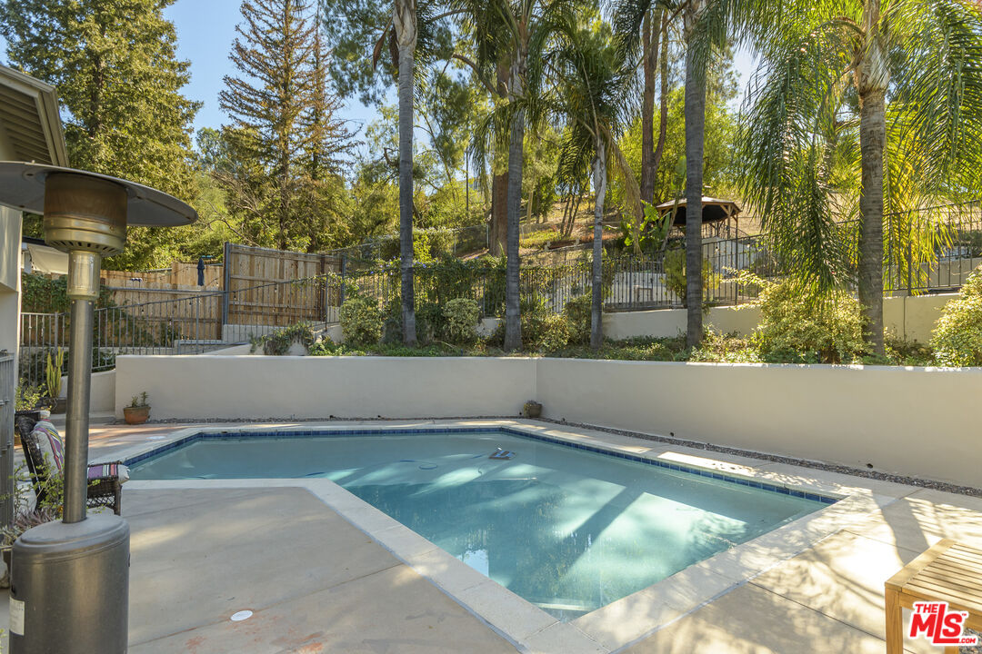 Backyard swimming pool bordered by a pale patio, palms, and a wooded hillside.