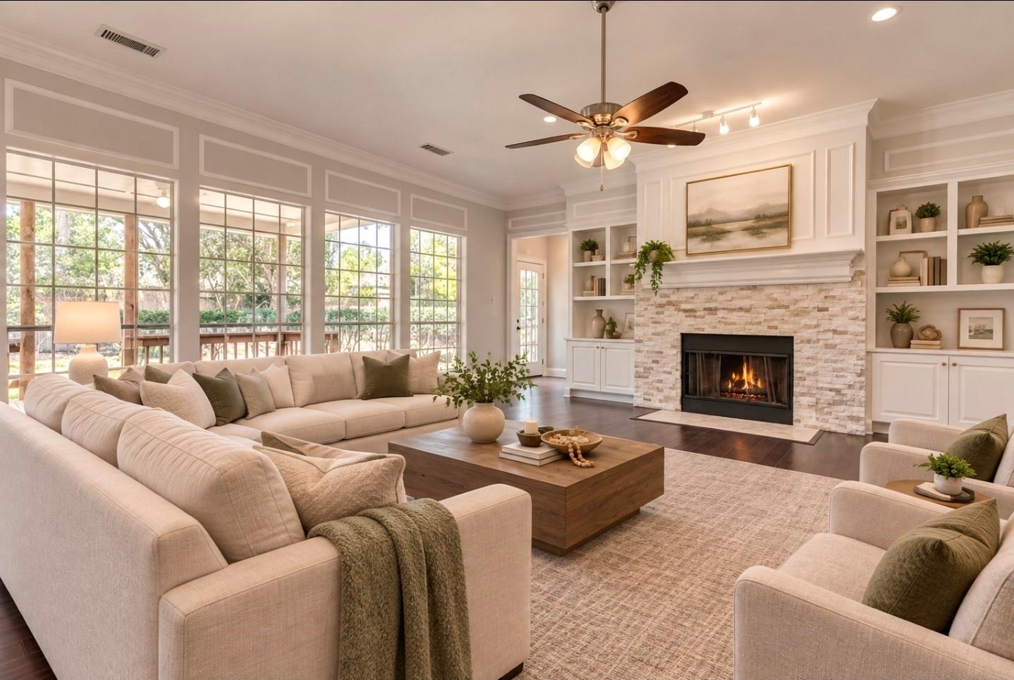 Living room with a stone fireplace, built-in shelves, and tall windows overlooking trees.