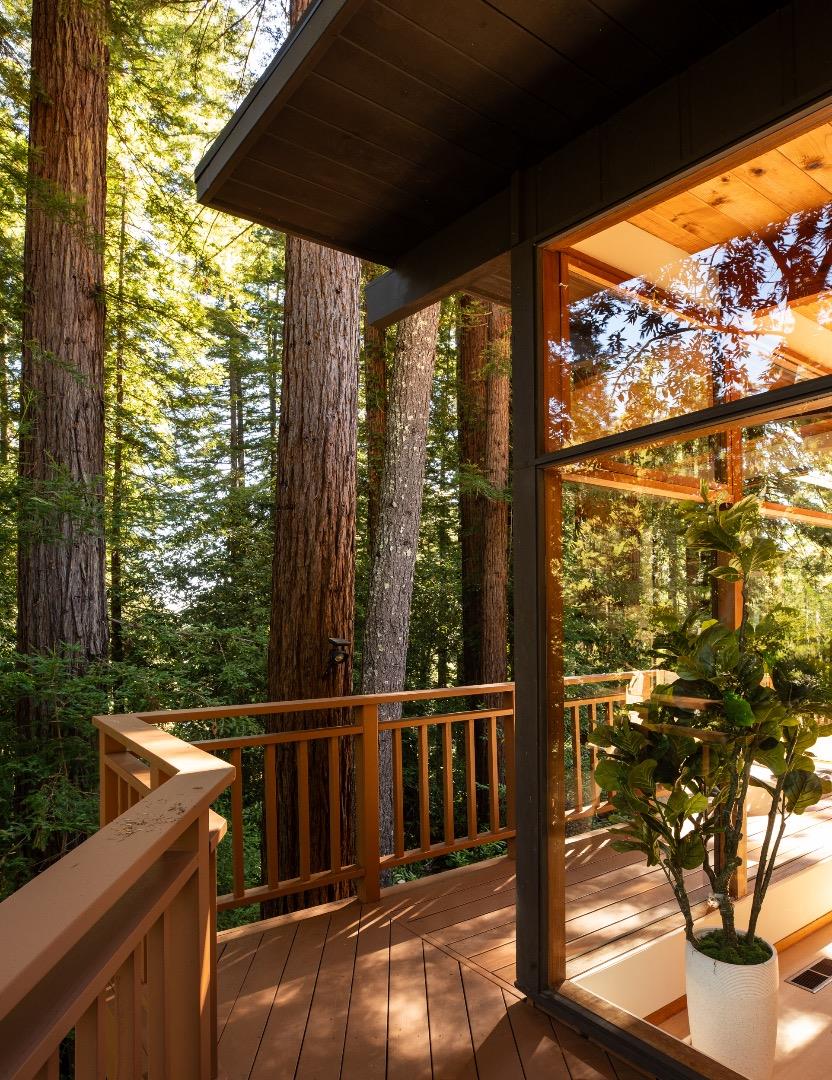 Wooden deck and glass wall of a modern home surrounded by redwood trees.
