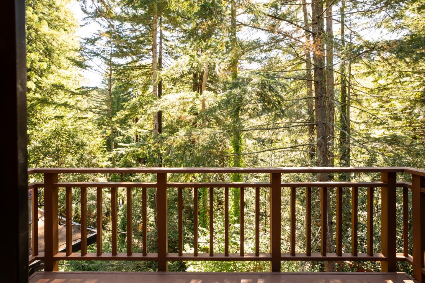 Wooded deck overlooking a dense forest, with a dark wood railing.
