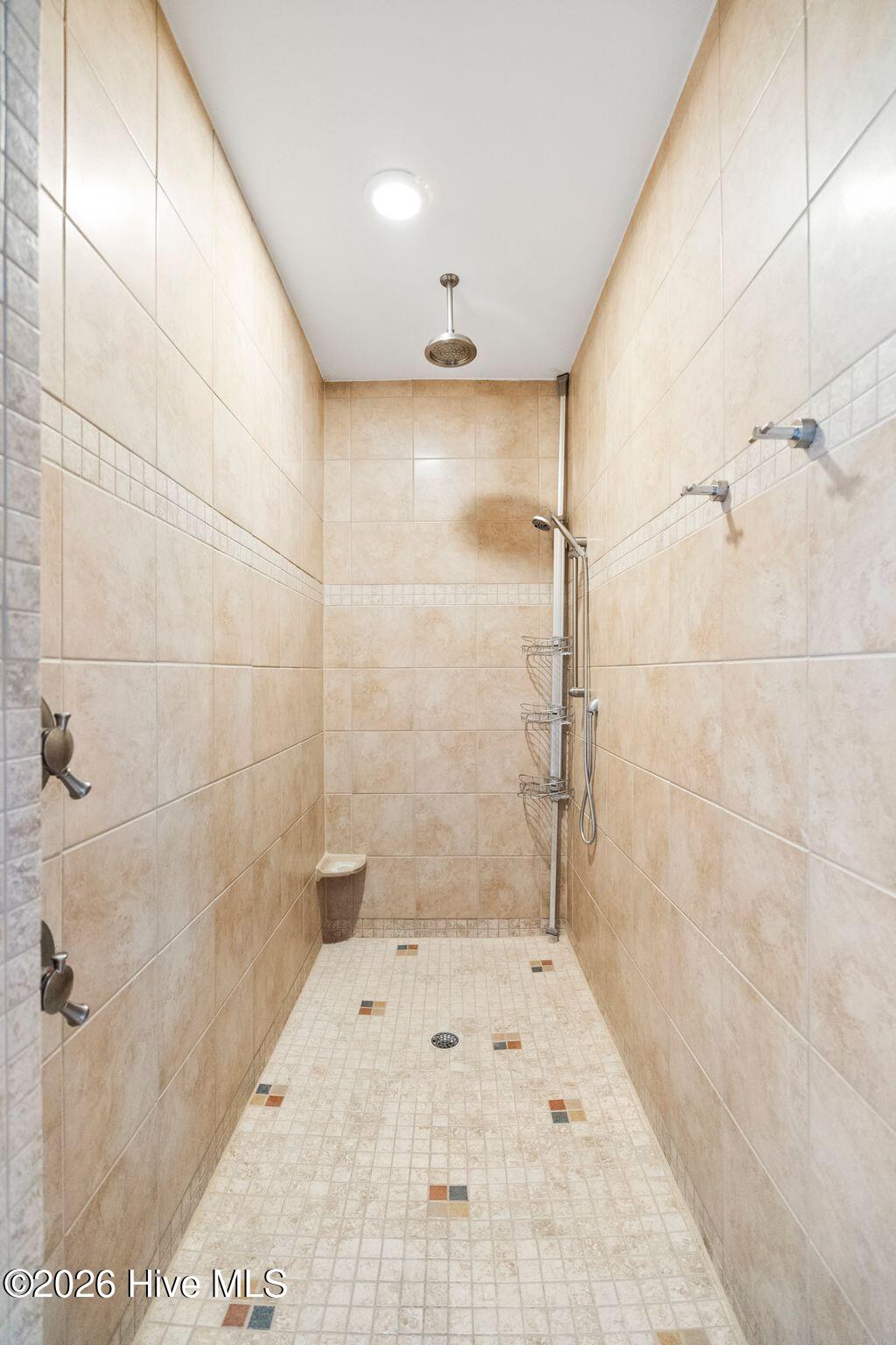 Walk-in tiled shower with rainfall and handheld showerheads and small accent squares in the floor.
