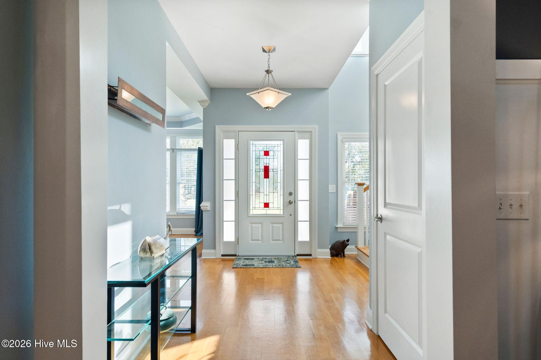 Entry foyer with hardwood floors, a stained-glass front door, and a black cat.