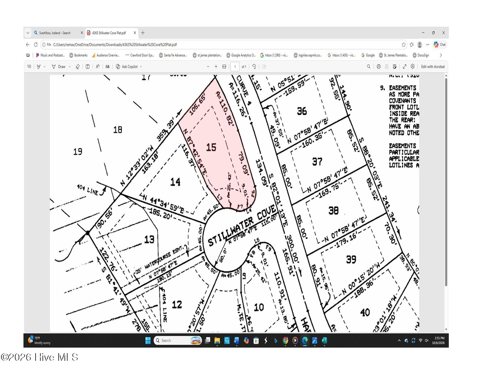 Subdivision plat showing shaded lot 15 on Stillwater Cove and nearby numbered lots.