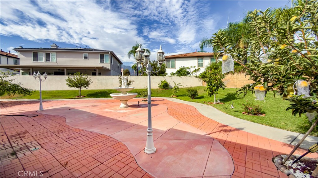 Backyard patio with a decorative fountain, red paving, lawn, and fruit trees.