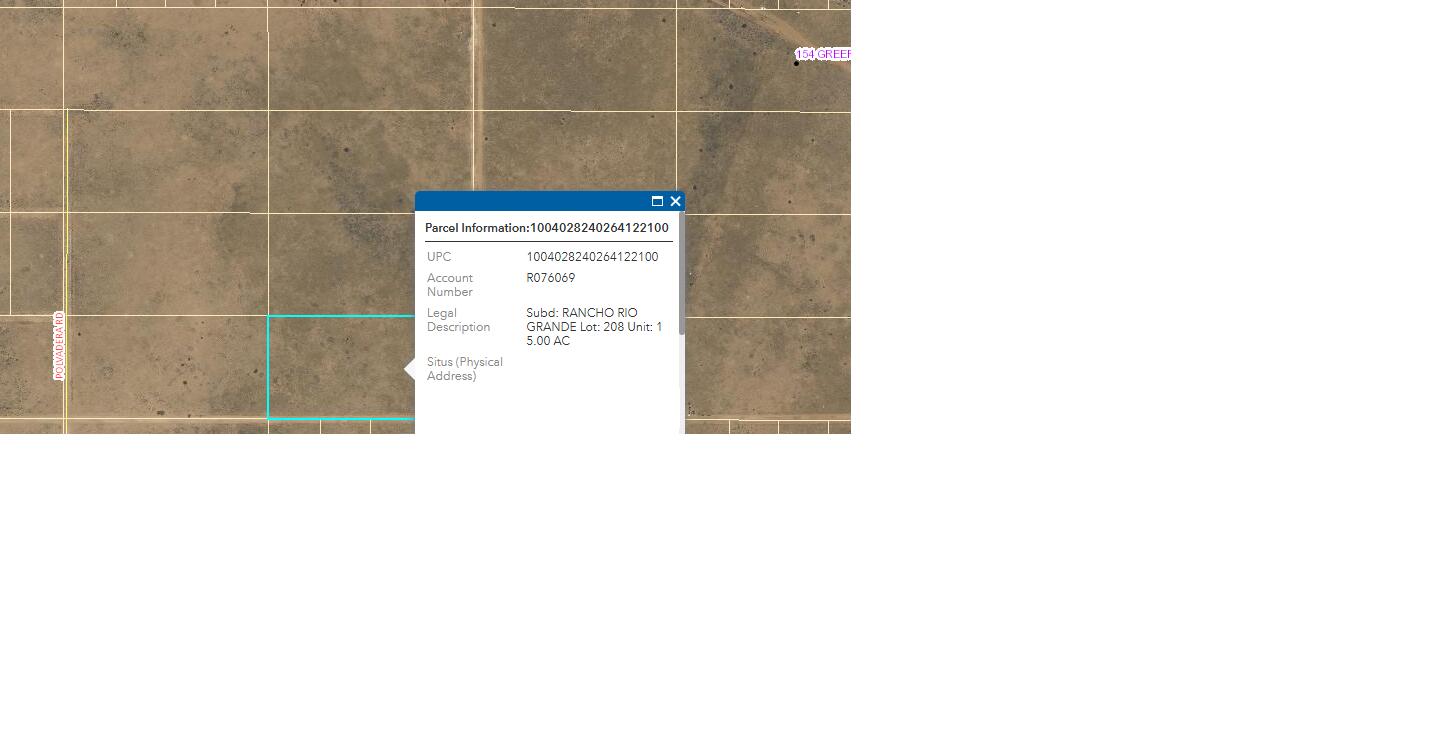 Aerial parcel map highlighting a 5-acre Rancho Rio Grande lot outlined in turquoise.