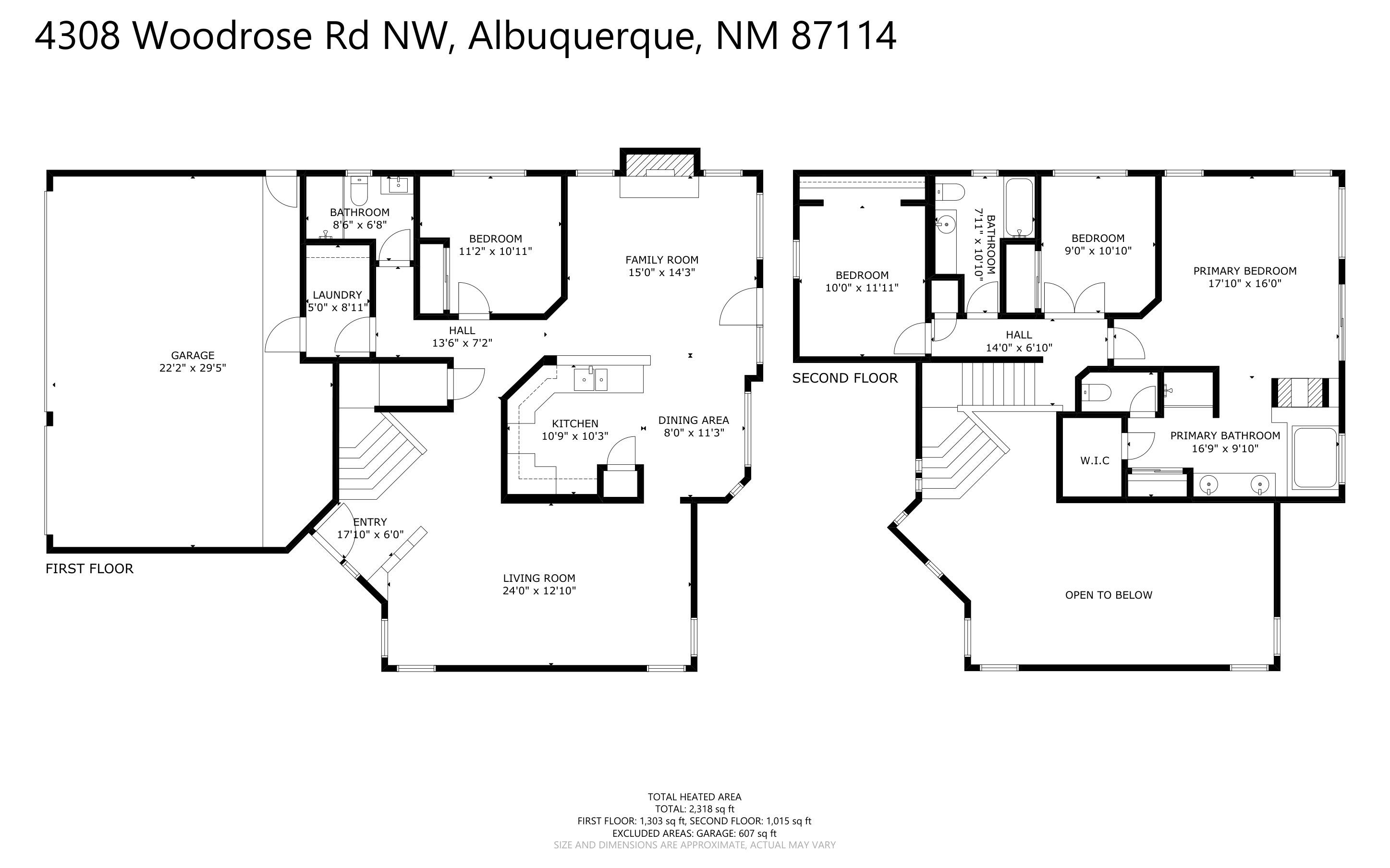 Two-story floor plan showing room layouts, dimensions, a garage, and 2,318 square feet of heated area.