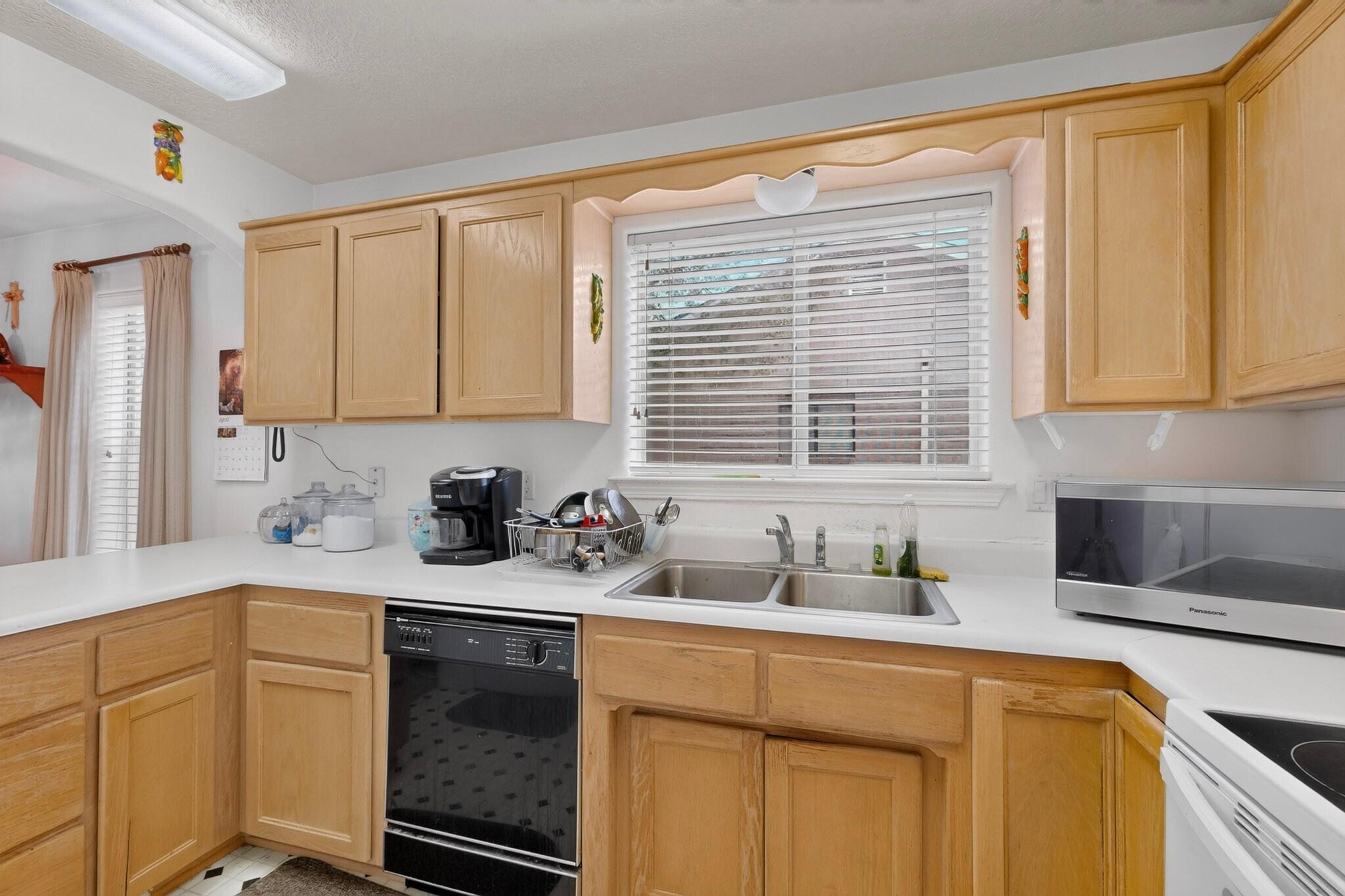 Kitchen with light wood cabinets, white countertops, and a double-basin sink beneath a window.